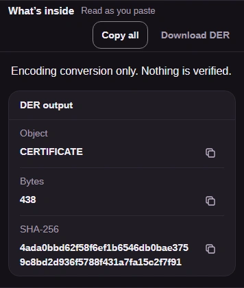 DER result with Object, Bytes, Download DER and Copy all.