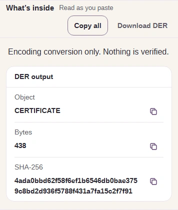 DER result with Object, Bytes, Download DER and Copy all.
