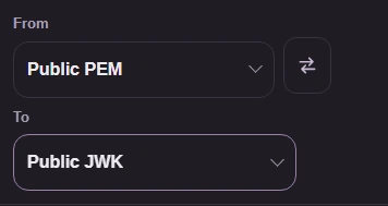 For Public PEM to Public JWK, use Swap on the Public JWK/Public PEM pair.