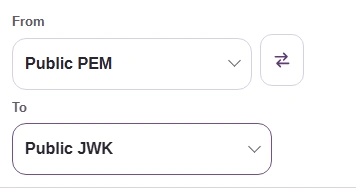 For Public PEM to Public JWK, use Swap on the Public JWK/Public PEM pair.