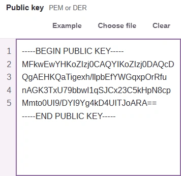 Paste a PUBLIC KEY PEM block or try Example.