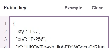 Paste one public JWK; the top of the public sample is shown.