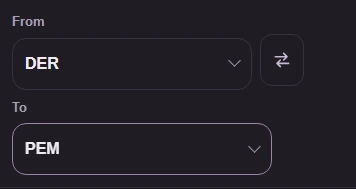 The From and To controls show DER input and PEM output, with Swap beside them.