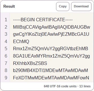 Choose file accepts one DER file; Example loads a sample. The PEM result offers Copy and Download.