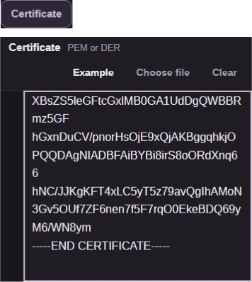 Certificate selection and input, cropped together; the public sample is shown.