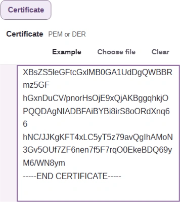Certificate selection and input, cropped together; the public sample is shown.
