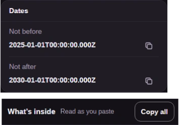 The certificate's UTC start and end dates and Copy all control, cropped together.