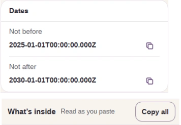 The certificate's UTC start and end dates and Copy all control, cropped together.