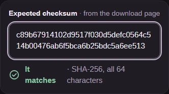 The full expected SHA-256 digest for FluffyBench.txt and the automatic It matches result.