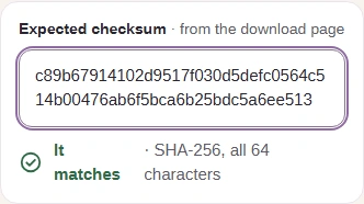 The full expected SHA-256 digest for FluffyBench.txt and the automatic It matches result.