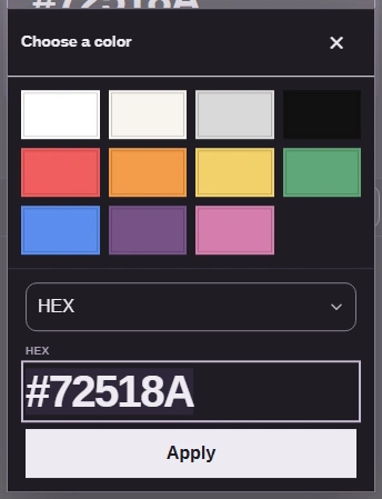 Complete Choose a color dialog, with presets above Palette input format set to HEX, the HEX color field, and Apply below.