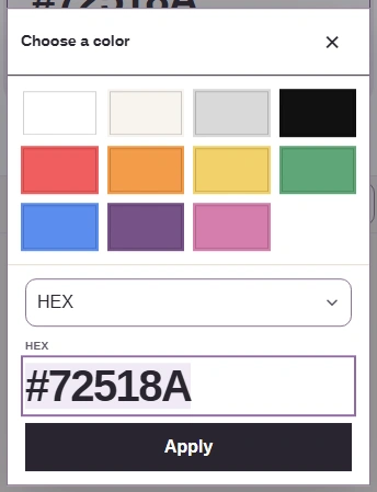 Complete Choose a color dialog, with presets above Palette input format set to HEX, the HEX color field, and Apply below.