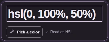FluffyBench Color input containing hsl(0, 100%, 50%) and Read as HSL.