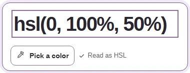 FluffyBench Color input containing hsl(0, 100%, 50%) and Read as HSL.