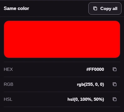 Red preview, HEX #FF0000, RGB rgb(255, 0, 0), and HSL hsl(0, 100%, 50%), with row copy buttons and Copy all.
