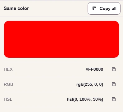 Red preview, HEX #FF0000, RGB rgb(255, 0, 0), and HSL hsl(0, 100%, 50%), with row copy buttons and Copy all.