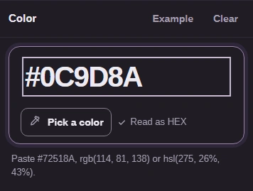 FluffyBench's Color pane with #0C9D8A in the HEX, RGB, or HSL color field and Read as HEX.