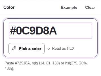 FluffyBench's Color pane with #0C9D8A in the HEX, RGB, or HSL color field and Read as HEX.