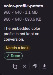 Source and converted PNG size readouts for the potato photo.