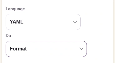 FluffyBench's Language selector set to YAML and Do selector set to Format.