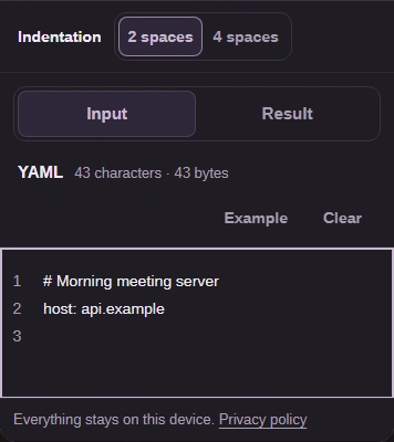 YAML input with a host setting and a comment; the Result tab is above the editor.