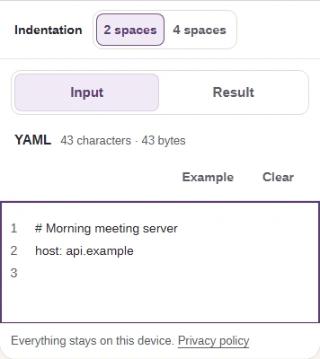 YAML input with a host setting and a comment; the Result tab is above the editor.