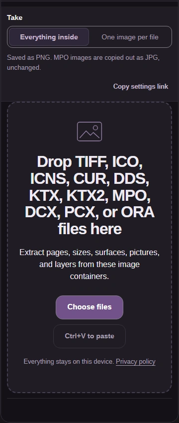 FluffyBench Image Extractor workspace with the Take control, output-format hint and Choose files intake.
