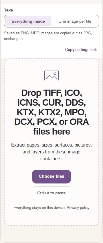 FluffyBench Image Extractor workspace with the Take control, output-format hint and Choose files intake.