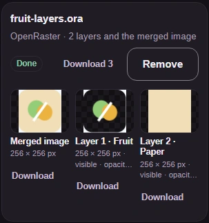 OpenRaster result group with a merged preview, two layer pictures and separate Download links.