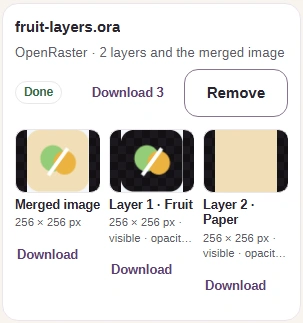 OpenRaster result group with a merged preview, two layer pictures and separate Download links.