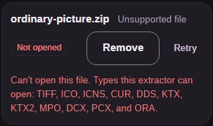 Ordinary ZIP refused by FluffyBench Image Extractor, with Not opened status and a list of accepted image containers.