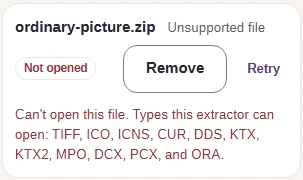 Ordinary ZIP refused by FluffyBench Image Extractor, with Not opened status and a list of accepted image containers.
