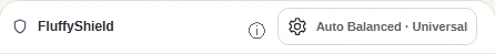 FluffyShield workspace toolbar with the settings gear beside the Auto Balanced and Universal summary.