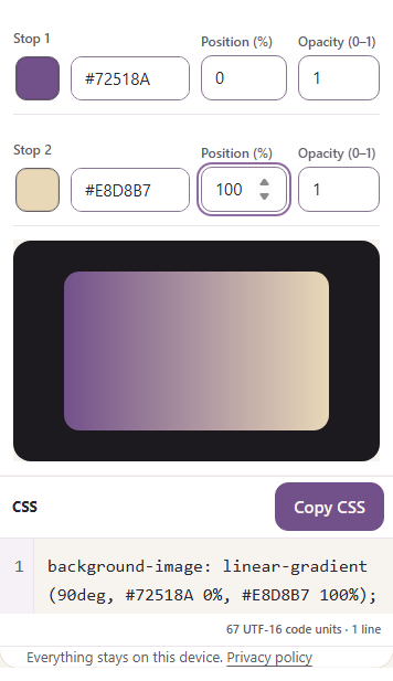 Stop positions corrected to 0 and 100, with Preview and CSS restored.
