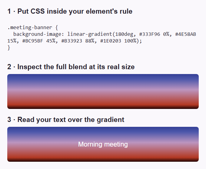 A visual check strip shows the declaration inside a banner rule, the full rendered blend, and white text over that banner.
