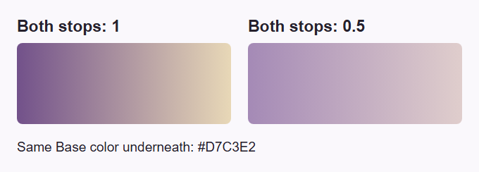 The same purple-to-cream gradient at stop opacity 1 and 0.5, both over the lavender base #D7C3E2.