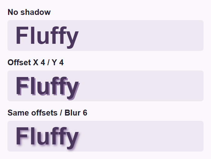 The word Fluffy without a shadow, with a sharp shadow offset four pixels right and down, then with Blur six pixels.