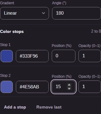 Gradient controls: Linear, Angle 180, two stops and Add a stop.