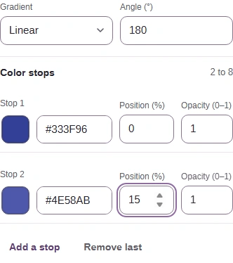 Gradient controls: Linear, Angle 180, two stops and Add a stop.
