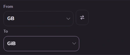 From and To unit buttons in FluffyBench's Data size converter.