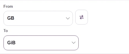 From and To unit buttons in FluffyBench's Data size converter.