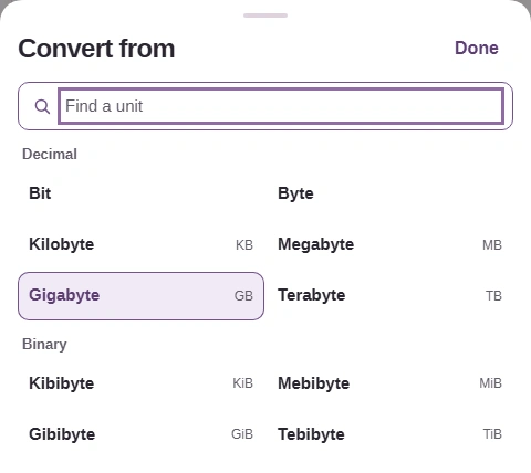 From picker showing Find a unit, Decimal choices including TB, and Binary choices.