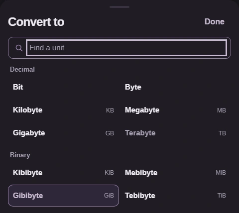 To picker with Decimal and Binary groups and Gibibytes (GiB).