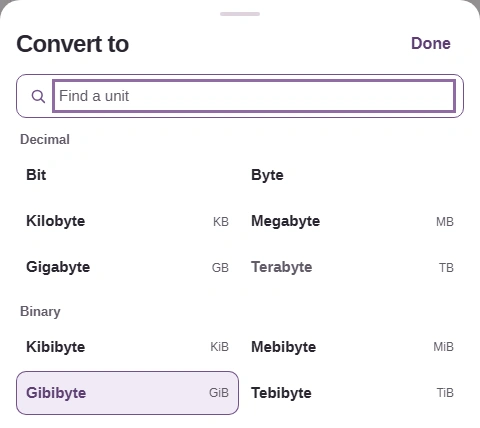 To picker with Decimal and Binary groups and Gibibytes (GiB).