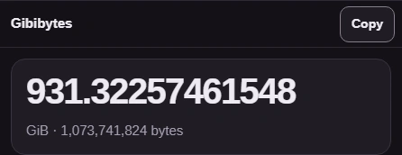 Gibibytes result 931.32257461548, its GiB unit line, and Copy.