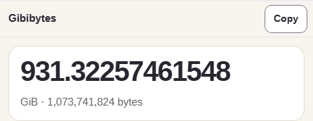 Gibibytes result 931.32257461548, its GiB unit line, and Copy.