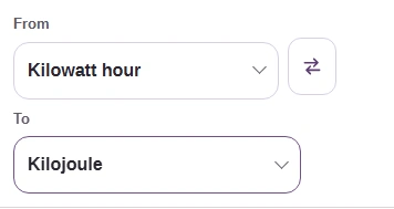 From Kilowatt hour and To Kilojoule.