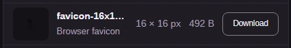 The smallest favicon row with dimensions, size and Download.