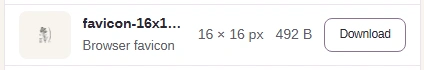 The smallest favicon row with dimensions, size and Download.