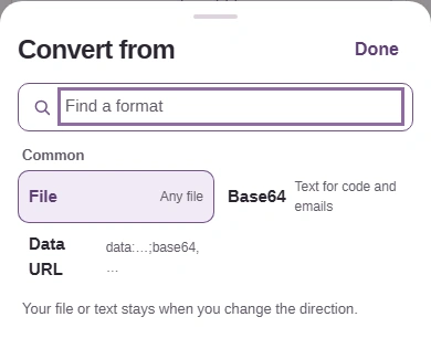 Choose Data URL for text starting with data:, or Base64 for a payload without that label. To becomes File.
